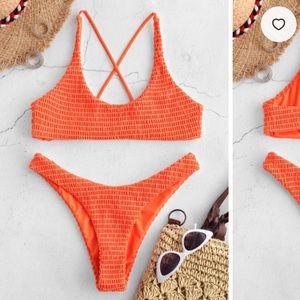 ZAFUL Smocked Criss Cross Bikini Set - Orange